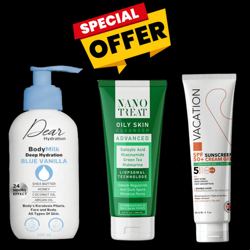 عرض حصري : ديير بادي ميلك + نانو تريت غسول الوجه + فاكيشن صن سكرين كريم جل