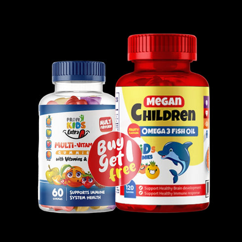 بروفي كيدز علكة مكمل غذائي ميجان أوميغا 120 قطعة+ مالتي فيتامين 60 قطعة مجانًا لدعم المناعة والنمو للأطفال - ProfiKids