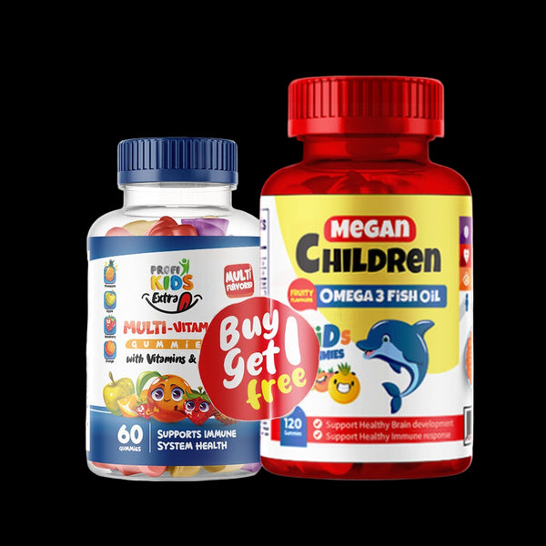 بروفي كيدز علكة مكمل غذائي ميجان أوميغا 120 قطعة+ مالتي فيتامين 60 قطعة مجانًا لدعم المناعة والنمو للأطفال - ProfiKids