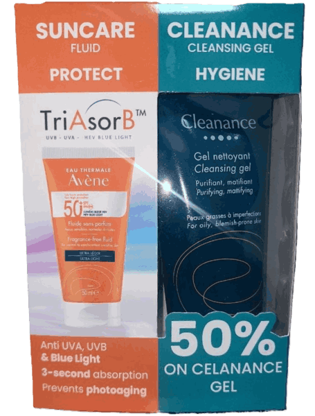 افين فلويد SPF 50+ لحماية البشرة من الشمس 50 مل + كلينانس جل لتنظيف البشرة الدهنية 200 مل - Avene