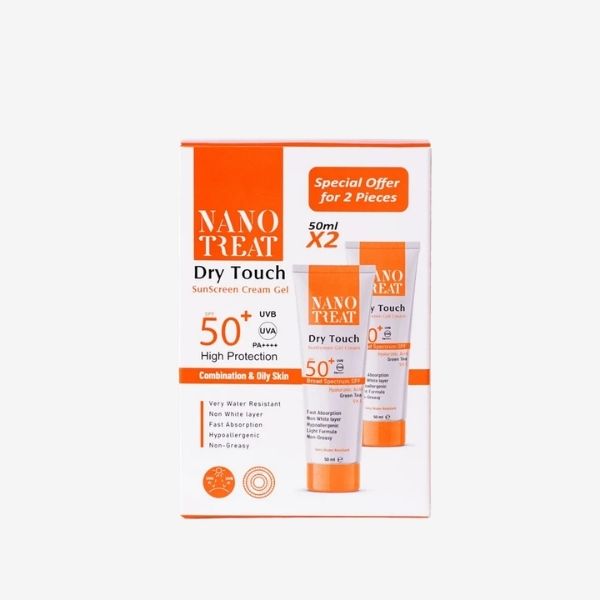 نانو تريت صن سكرين دراي تاتش جل كريم SPF 50+ لحماية البشرة من الشمس عرض 1+1 50 مل - Nano Treat