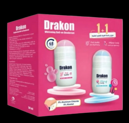 دراكون رول اون مزيل رائحة العرق لتفتيح البشرة برائحة البينك بابل 50 مل + دراكون رول اون مزيل رائحة العرق لتفتيح البشرة برائحة البوب كاندي 50 مل عرض (١+١) - Drakon