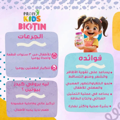 بروفي كيدز علكة مكمل غذائي بيوتين 120 قطعة للأطفال لدعم الشعر والأظافر - ProfiKids