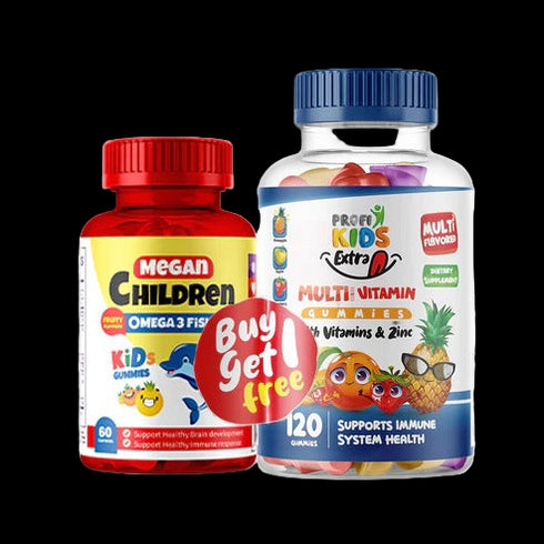 بروفي كيدز علكة مكمل غذائي إكسترا مالتي فيتامين 120 قطعة + ميجان أوميغا 60 قطعة مجانًا لدعم المناعة والنمو للأطفال - ProfiKids